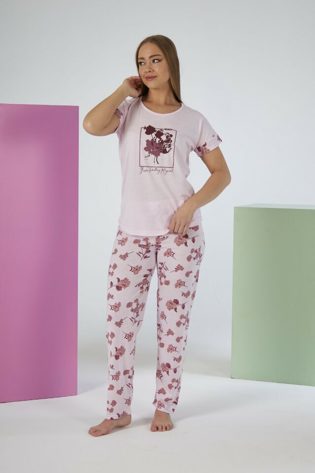Kadın Yazlık Çiçek Desenli Kısa Kollu Viskon Pijama Takımı - Pembe