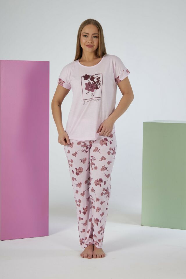 Kadın Yazlık Çiçek Desenli Kısa Kollu Viskon Pijama Takımı - Pembe
