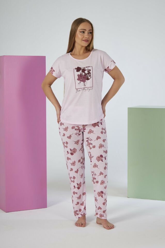 Kadın Yazlık Çiçek Desenli Kısa Kollu Viskon Pijama Takımı - Pembe