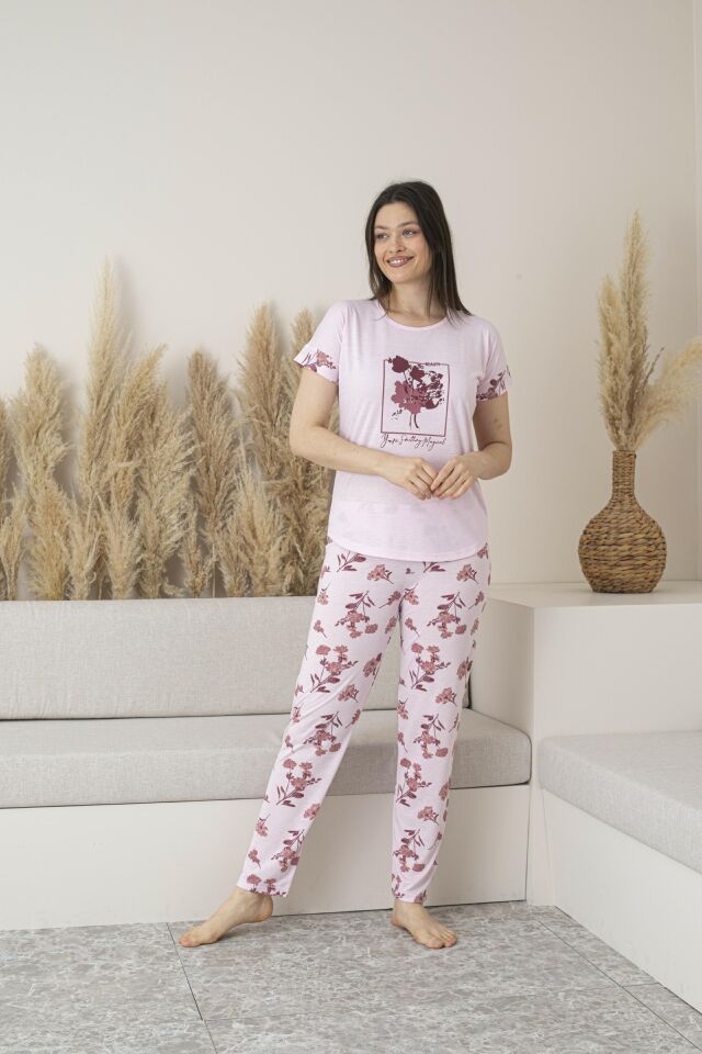 Kadın Yazlık Çiçek Desenli Kısa Kollu Viskon Pijama Takımı - Pembe