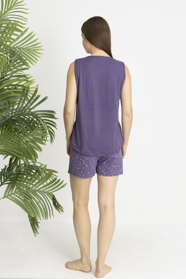 Estiva Kadın Yıldız Alt Desenli Kolsuz Şortlu Soft Pijama Takımı L - Lila