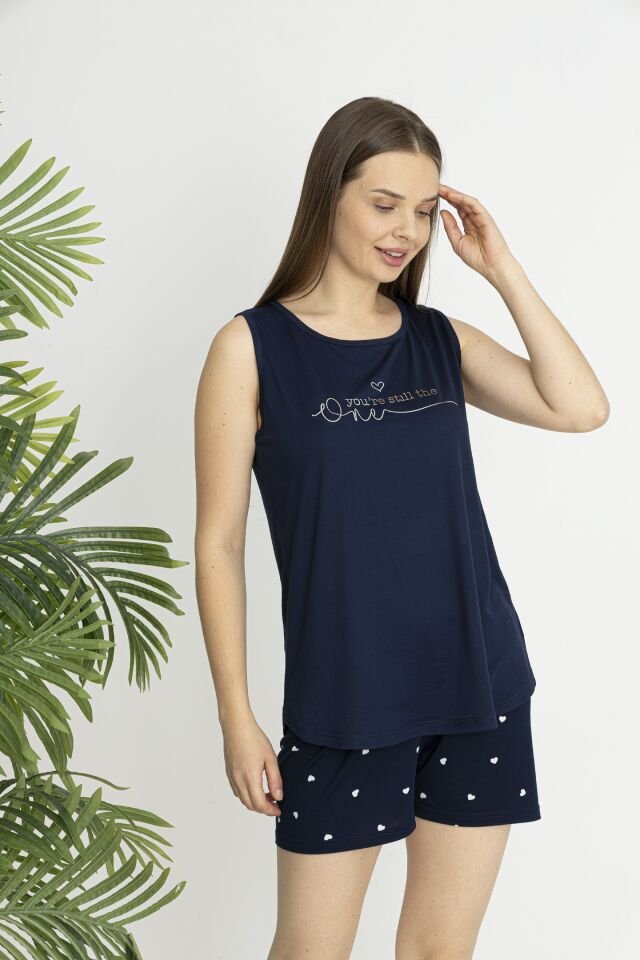 Estiva Kadın Kalp Alt Desenli Kolsuz Şortlu Soft Pijama Takımı