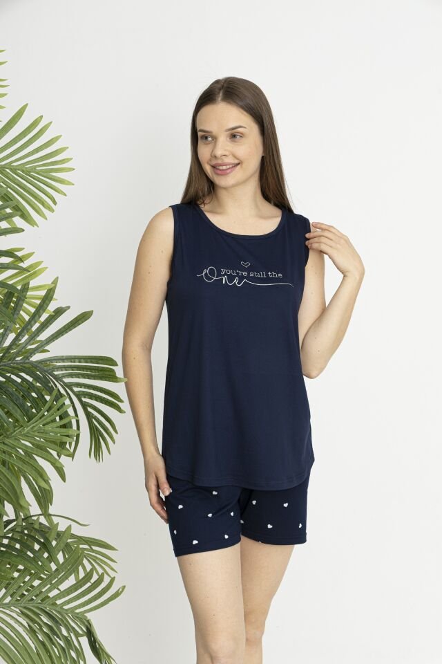 Estiva Kadın Kalp Alt Desenli Kolsuz Şortlu Soft Pijama Takımı