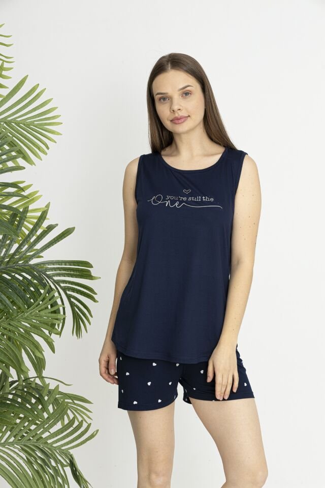 Estiva Kadın Kalp Alt Desenli Kolsuz Şortlu Soft Pijama Takımı Lacivert - M