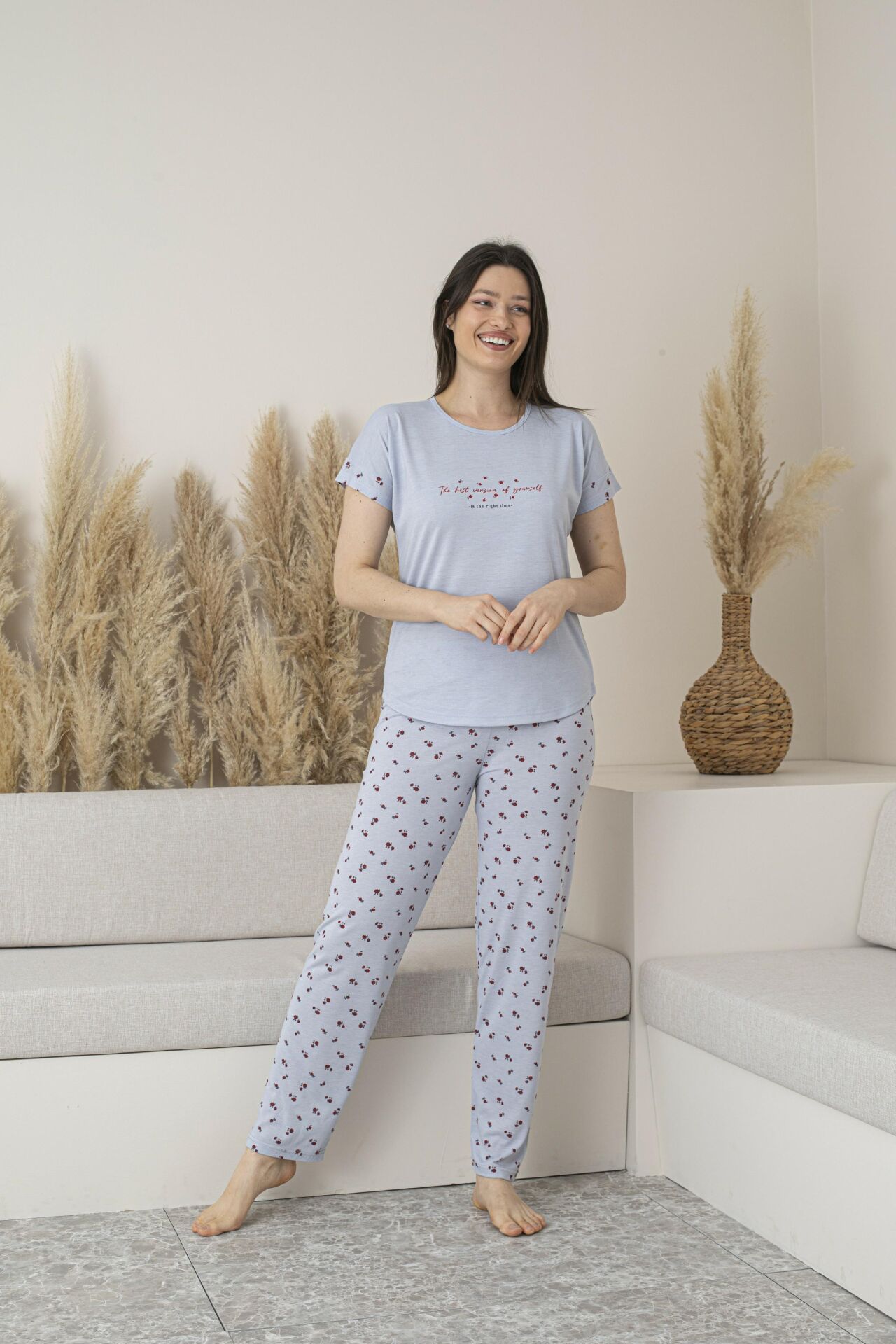 Kadın Yazlık Desenli Kısa Kollu Viskon Pijama Takımı M - Gri