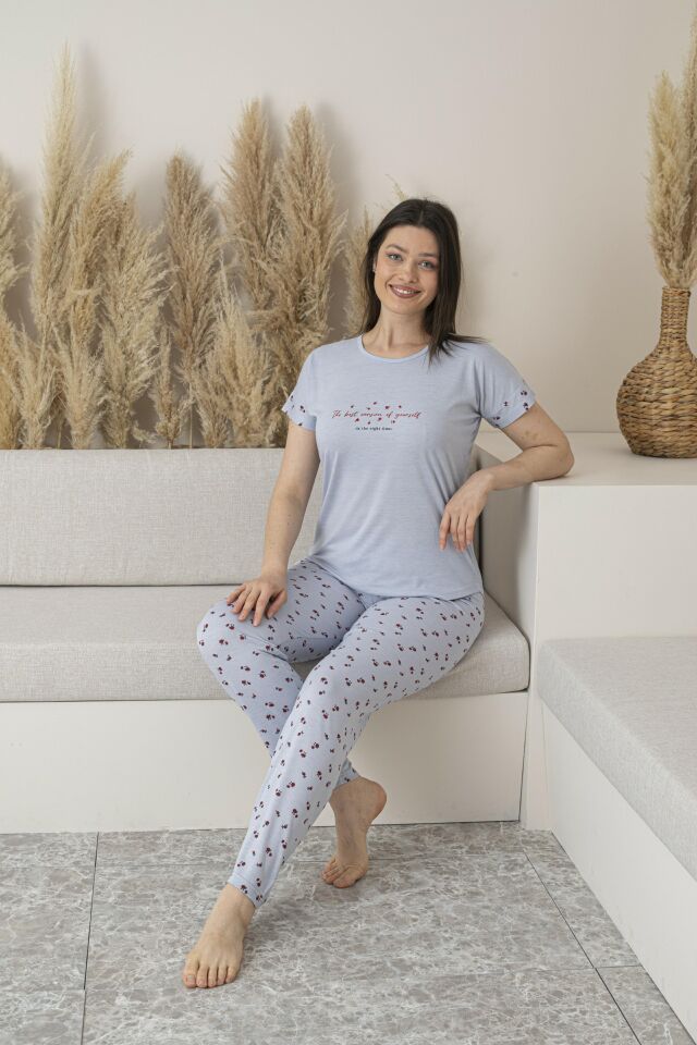 Kadın Yazlık Desenli Kısa Kollu Viskon Pijama Takımı M - Gri