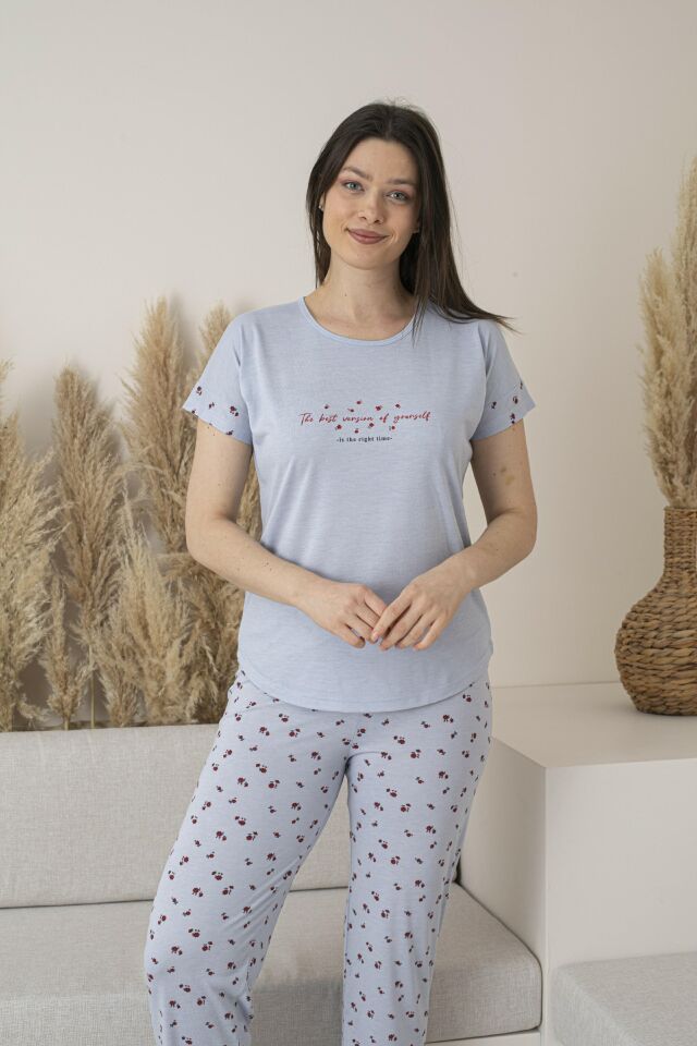 Kadın Yazlık Desenli Kısa Kollu Viskon Pijama Takımı M - Gri