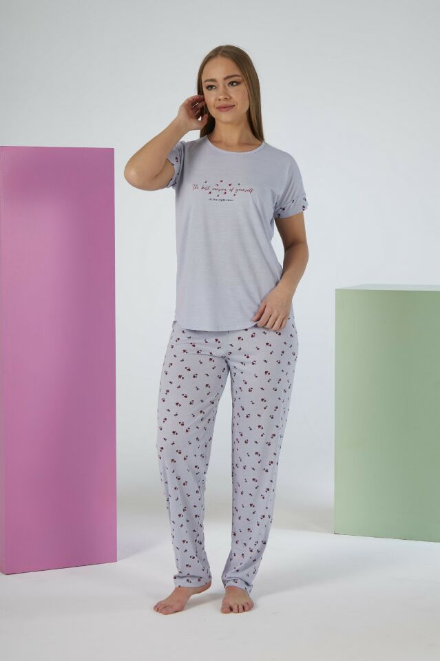 Kadın Yazlık Desenli Kısa Kollu Viskon Pijama Takımı L - Gri