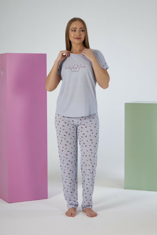 Kadın Yazlık Desenli Kısa Kollu Viskon Pijama Takımı L - Gri