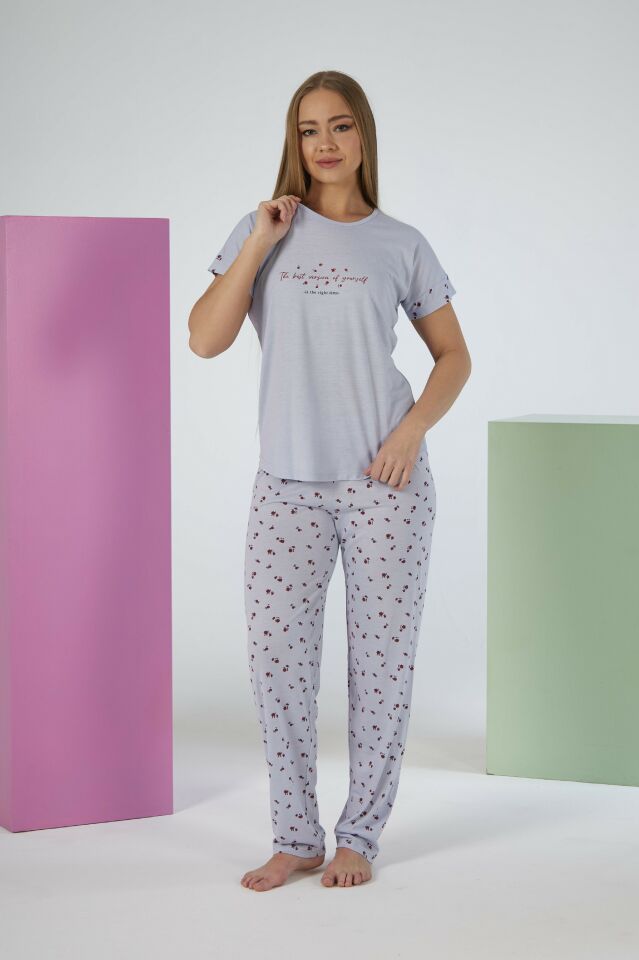 Kadın Yazlık Desenli Kısa Kollu Viskon Pijama Takımı L - Gri