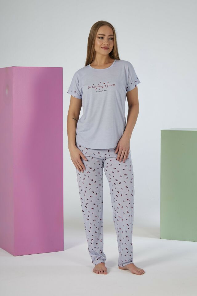 Kadın Yazlık Desenli Kısa Kollu Viskon Pijama Takımı L - Gri