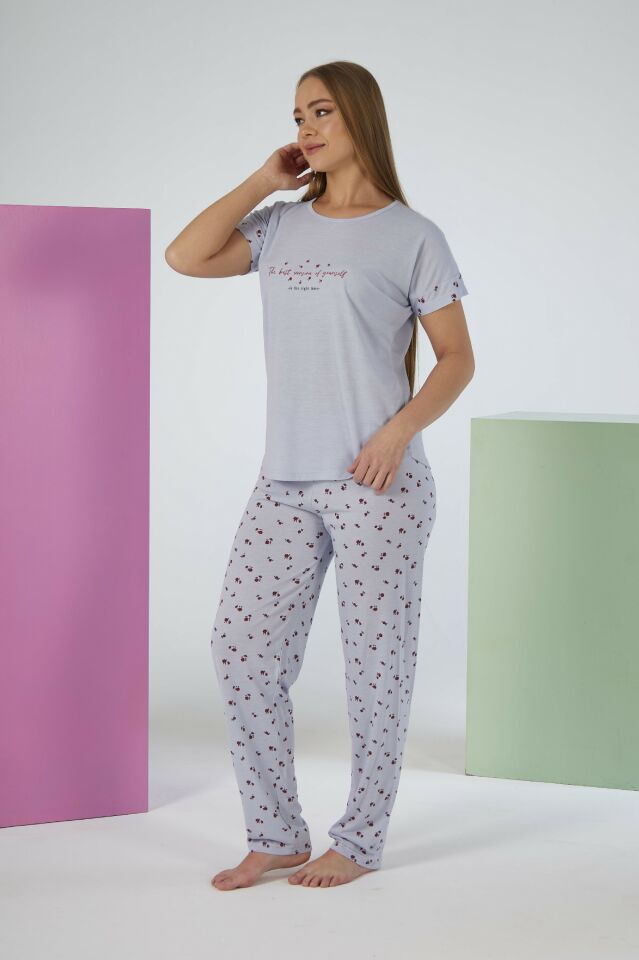 Kadın Yazlık Desenli Kısa Kollu Viskon Pijama Takımı L - Gri