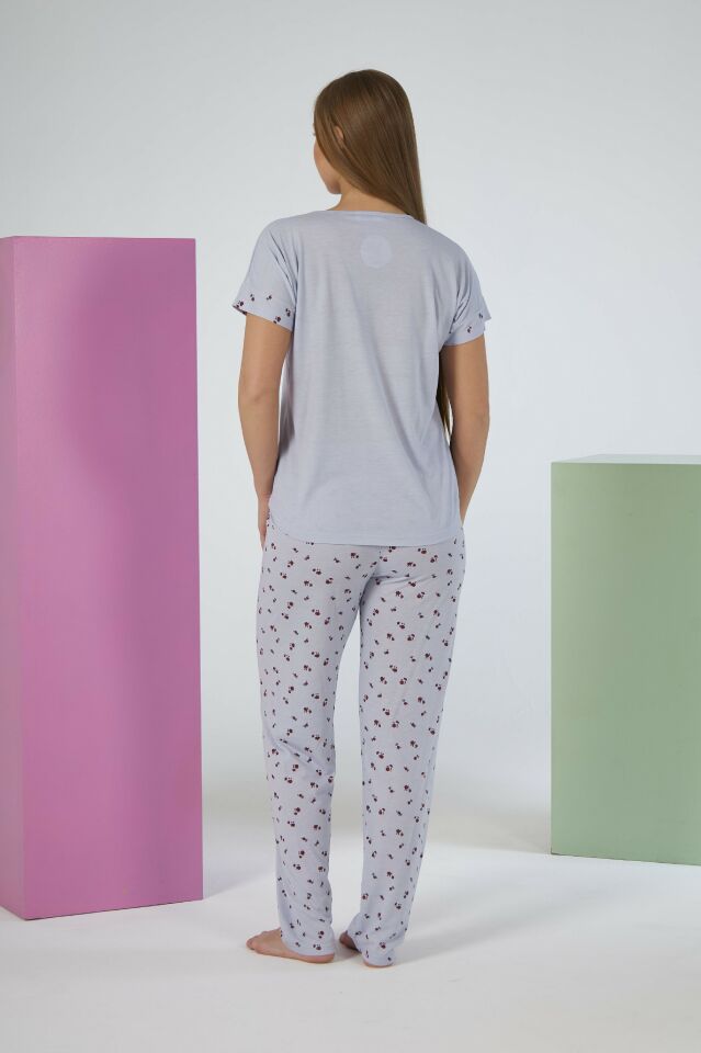 Kadın Yazlık Desenli Kısa Kollu Viskon Pijama Takımı L - Gri