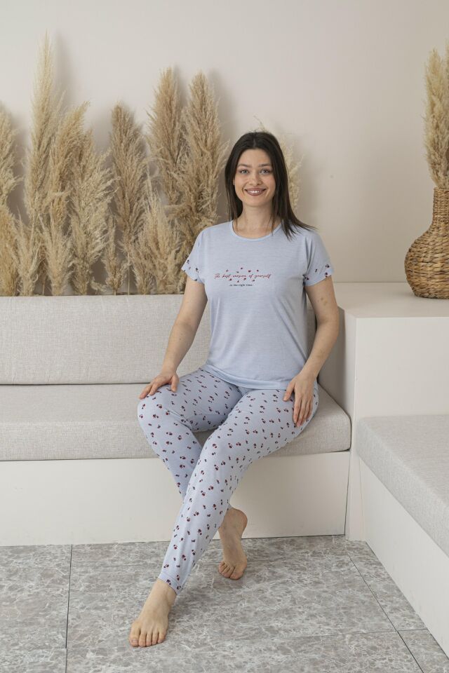 Kadın Yazlık Desenli Kısa Kollu Viskon Pijama Takımı XL - Gri