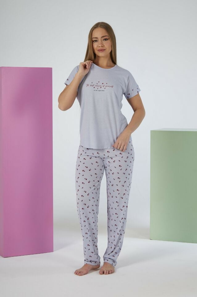 Kadın Yazlık Desenli Kısa Kollu Viskon Pijama Takımı 2XL - Gri