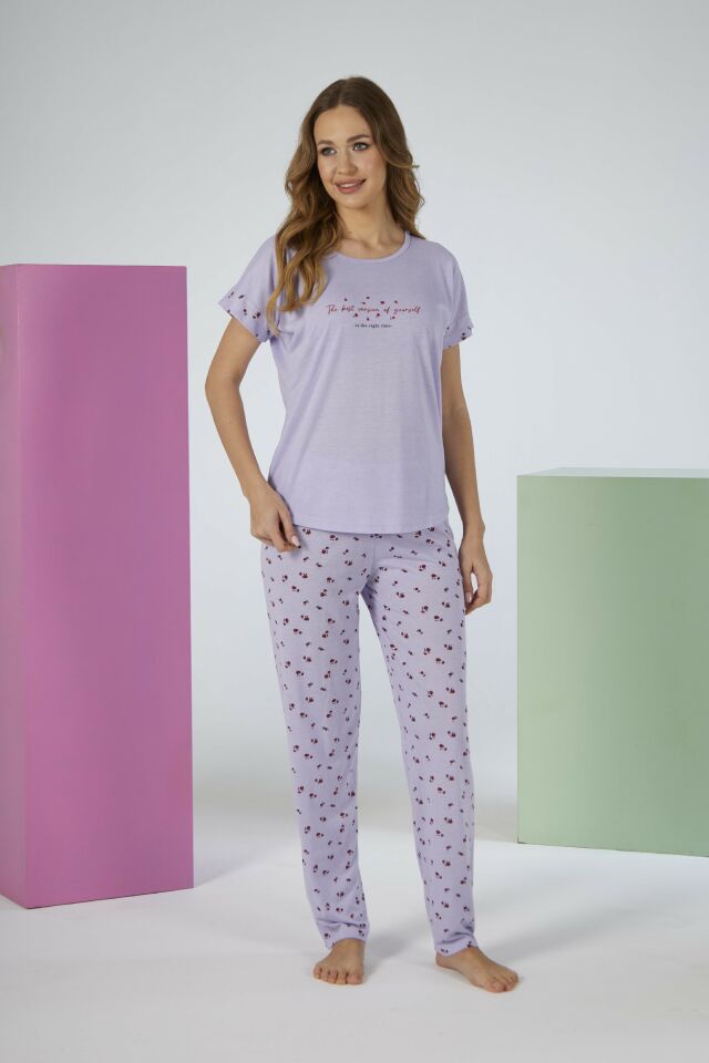 Kadın Yazlık Desenli Kısa Kollu Viskon Pijama Takımı M - Lila
