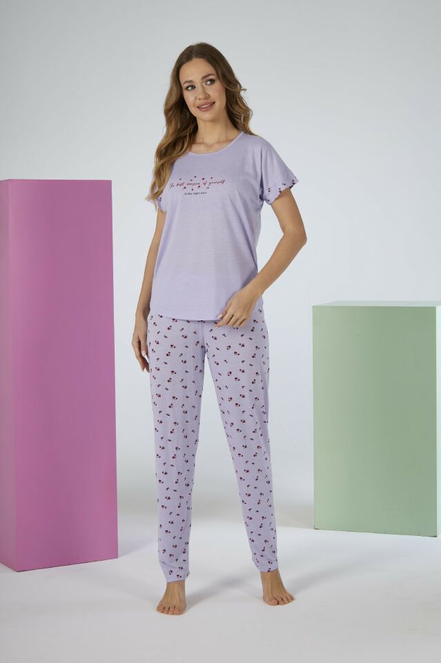 Kadın Yazlık Desenli Kısa Kollu Viskon Pijama Takımı L - Lila