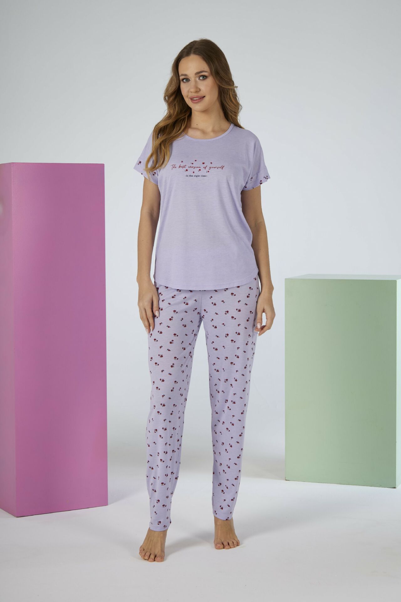 Kadın Yazlık Desenli Kısa Kollu Viskon Pijama Takımı XL - Lila