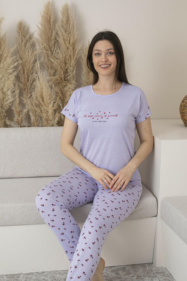 Kadın Yazlık Desenli Kısa Kollu Viskon Pijama Takımı XL - Lila