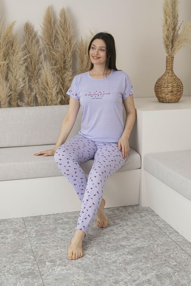 Kadın Yazlık Desenli Kısa Kollu Viskon Pijama Takımı XL - Lila
