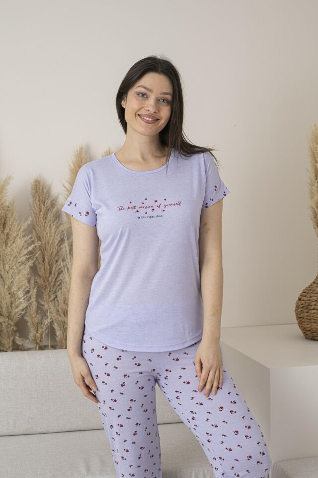 Kadın Yazlık Desenli Kısa Kollu Viskon Pijama Takımı XL - Lila