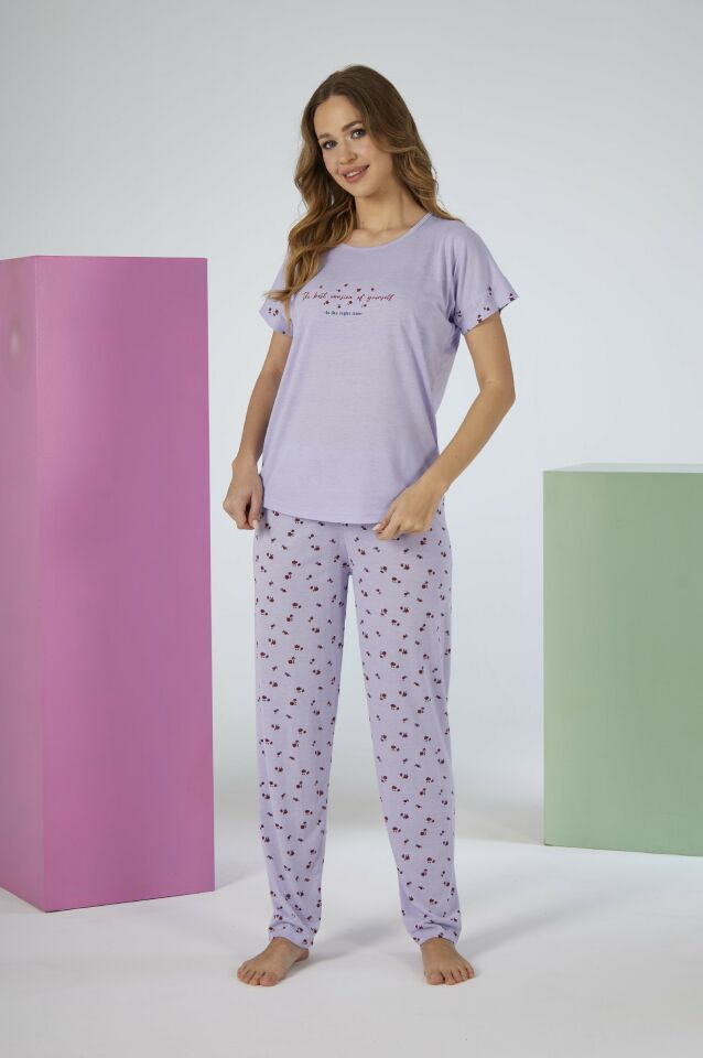 Kadın Yazlık Desenli Kısa Kollu Viskon Pijama Takımı XL - Lila