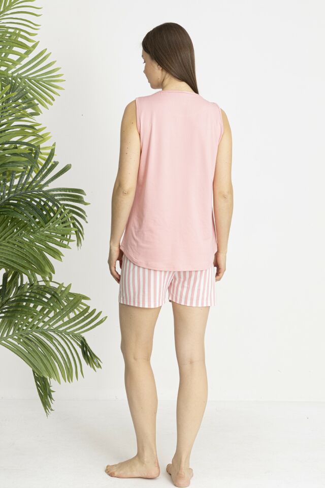 Estiva Kadın Çizgili Alt Desenli Kolsuz Şortlu Soft Pijama Takımı S - Pudra