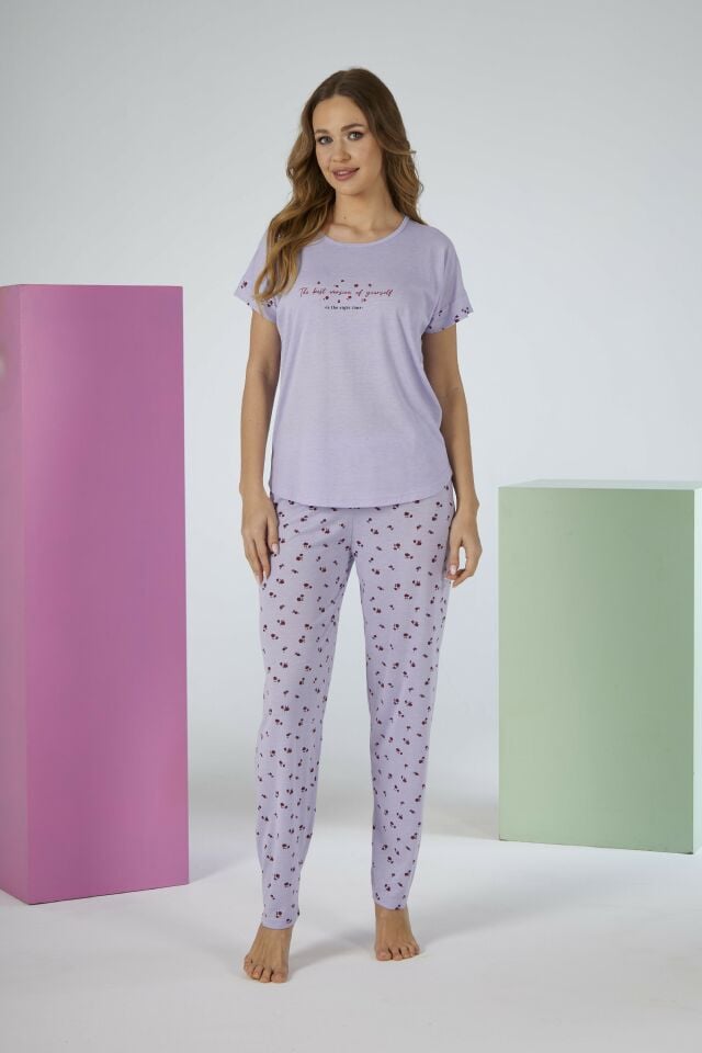 Kadın Yazlık Desenli Kısa Kollu Viskon Pijama Takımı 2XL - Lila