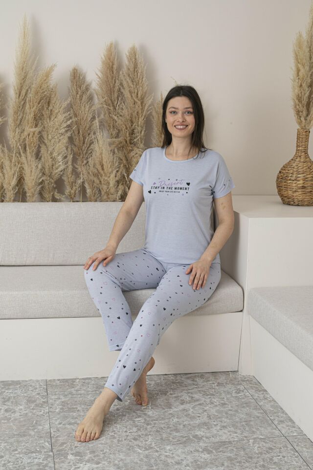Kadın Yazlık Kalp Desenli Kısa Kollu Viskon Pijama Takımı