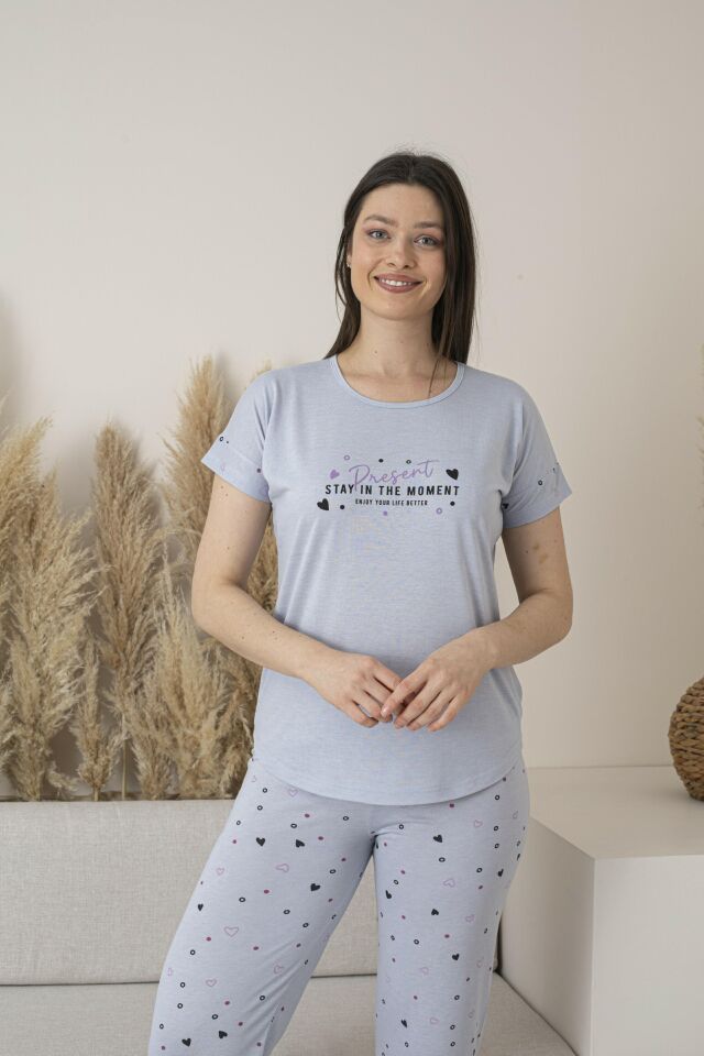 Kadın Yazlık Kalp Desenli Kısa Kollu Viskon Pijama Takımı