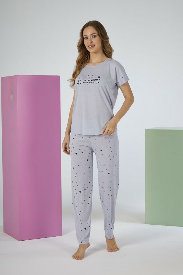 Kadın Yazlık Kalp Desenli Kısa Kollu Viskon Pijama Takımı M - Gri