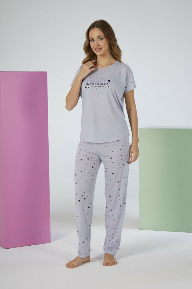 Kadın Yazlık Kalp Desenli Kısa Kollu Viskon Pijama Takımı M - Gri