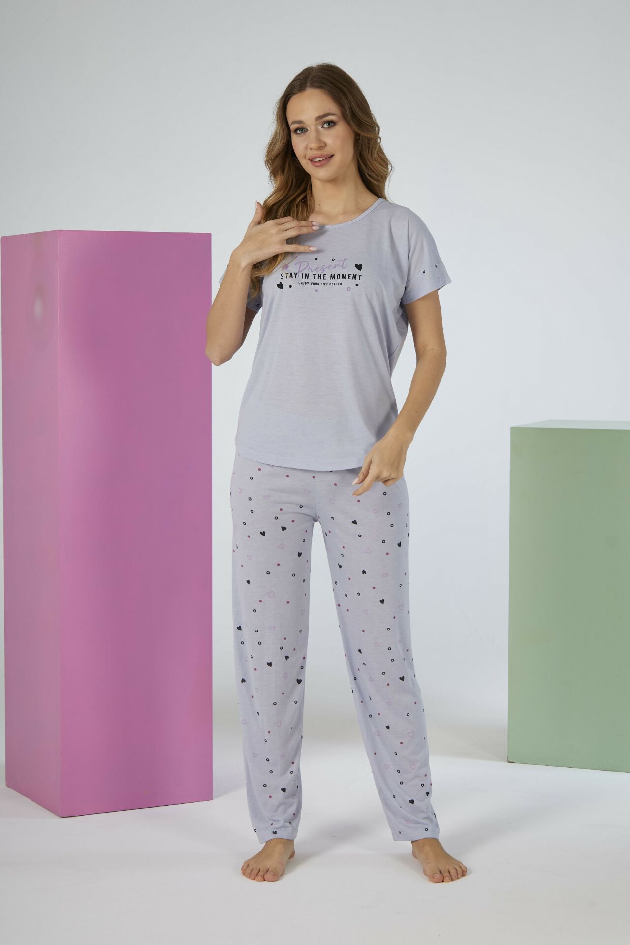 Kadın Yazlık Kalp Desenli Kısa Kollu Viskon Pijama Takımı L - Gri