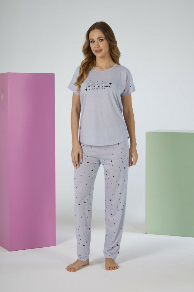 Kadın Yazlık Kalp Desenli Kısa Kollu Viskon Pijama Takımı L - Gri