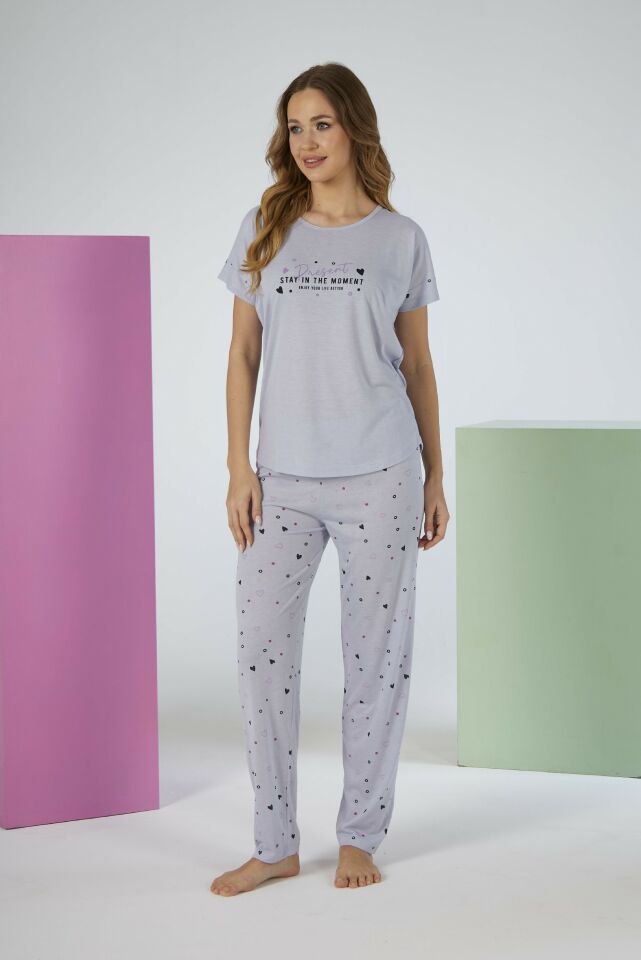 Kadın Yazlık Kalp Desenli Kısa Kollu Viskon Pijama Takımı XL - Gri