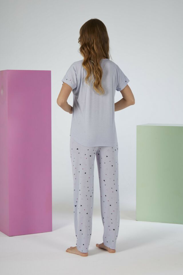 Kadın Yazlık Kalp Desenli Kısa Kollu Viskon Pijama Takımı XL - Gri