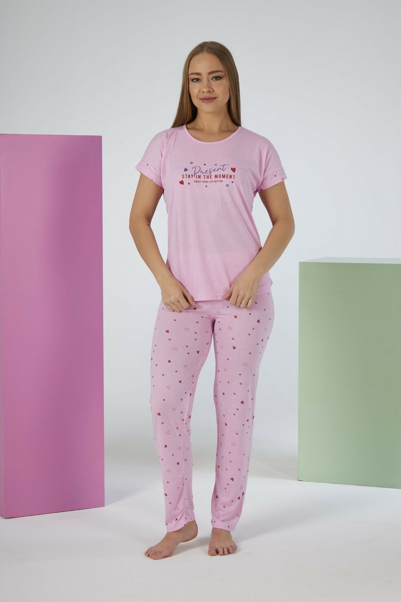 Kadın Yazlık Kalp Desenli Kısa Kollu Viskon Pijama Takımı M - Pembe