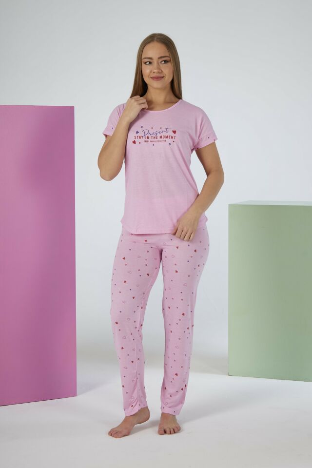 Kadın Yazlık Kalp Desenli Kısa Kollu Viskon Pijama Takımı M - Pembe
