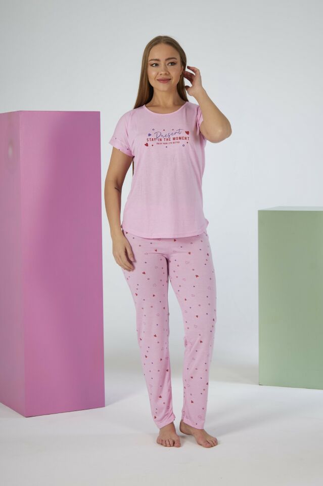 Kadın Yazlık Kalp Desenli Kısa Kollu Viskon Pijama Takımı M - Pembe