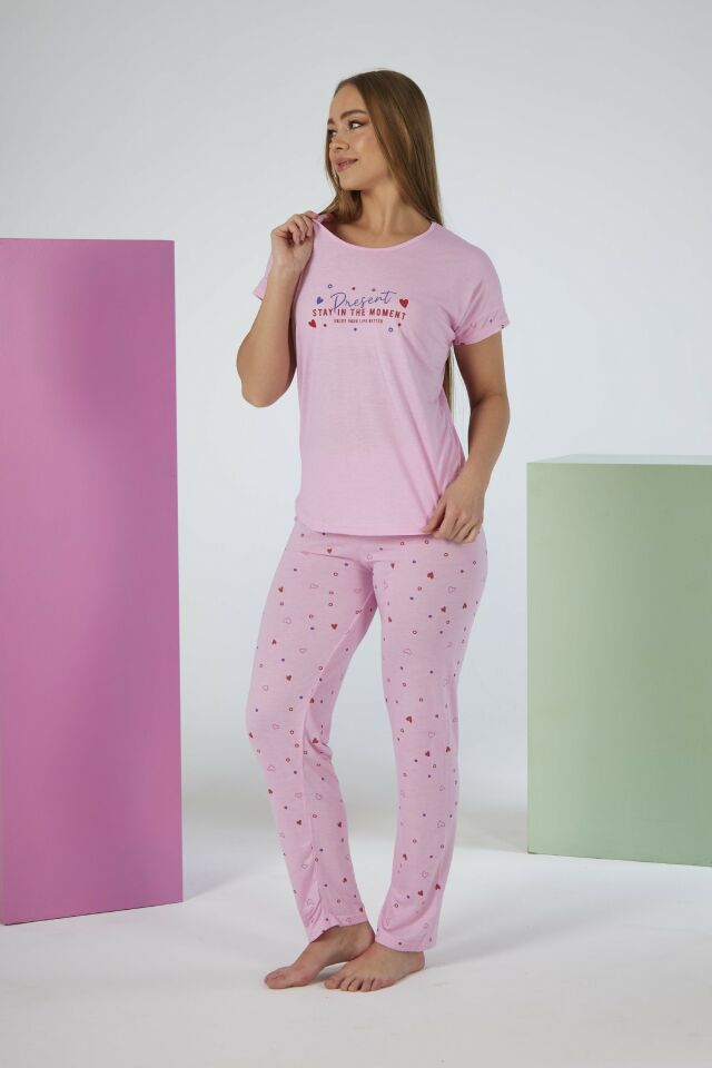Kadın Yazlık Kalp Desenli Kısa Kollu Viskon Pijama Takımı L - Pembe