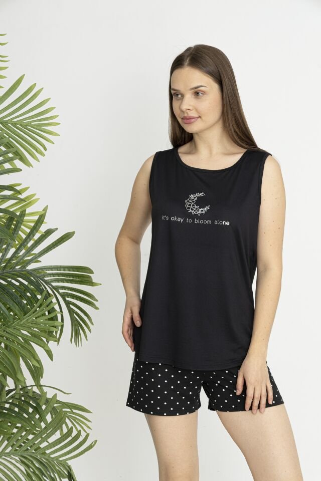 Estiva Kadın Puantiye Alt Desenli Kolsuz Şortlu Soft Pijama Takımı