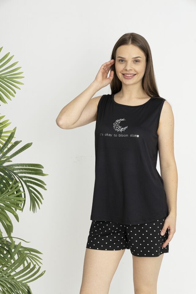 Estiva Kadın Puantiye Alt Desenli Kolsuz Şortlu Soft Pijama Takımı