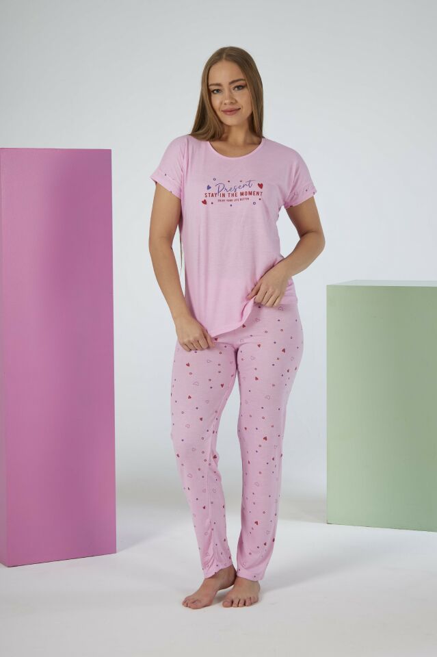Kadın Yazlık Kalp Desenli Kısa Kollu Viskon Pijama Takımı XL - Pembe