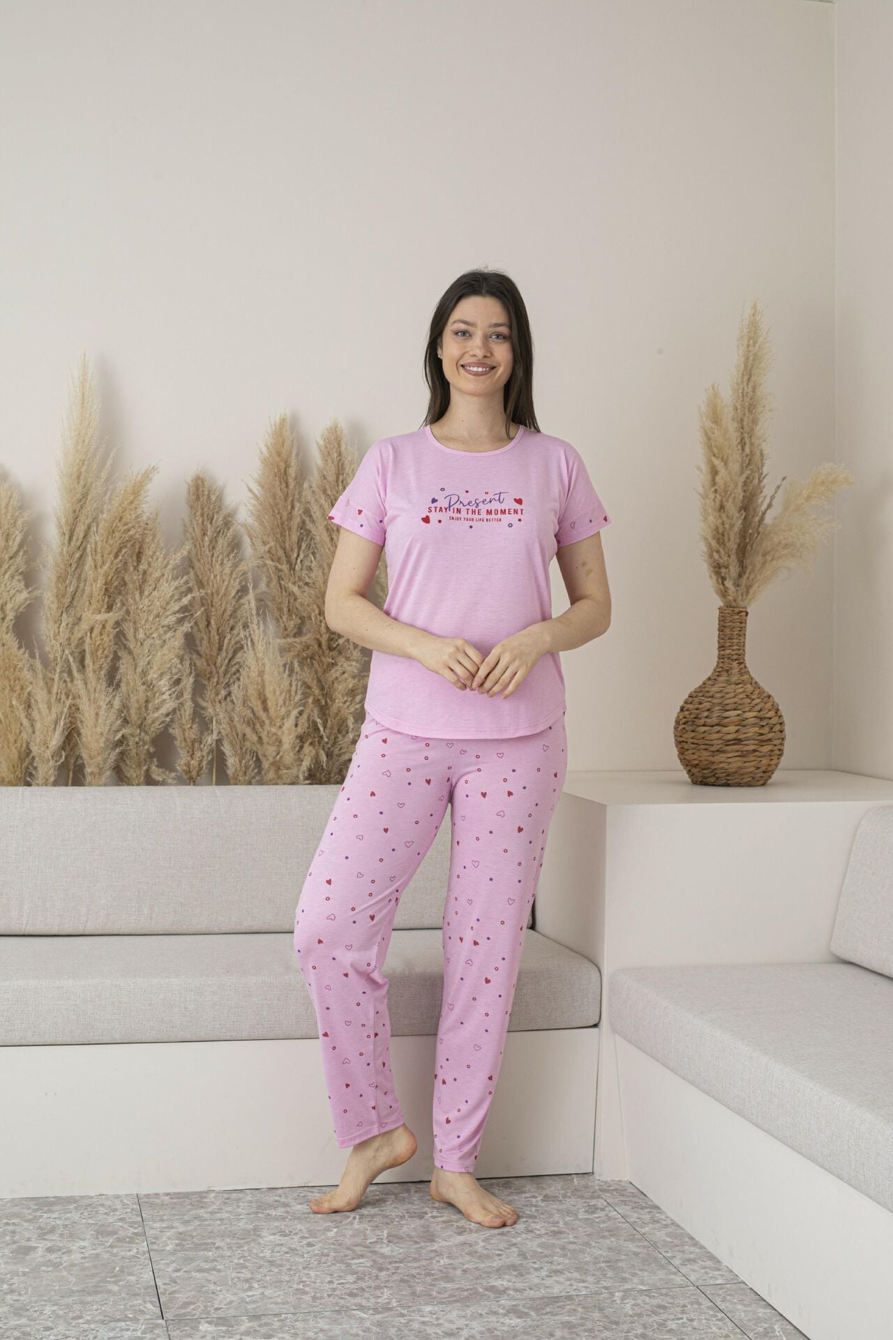 Kadın Yazlık Kalp Desenli Kısa Kollu Viskon Pijama Takımı 2XL - Pembe