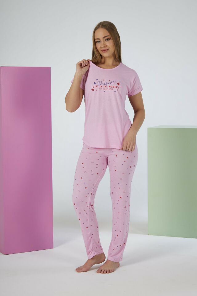 Kadın Yazlık Kalp Desenli Kısa Kollu Viskon Pijama Takımı 2XL - Pembe