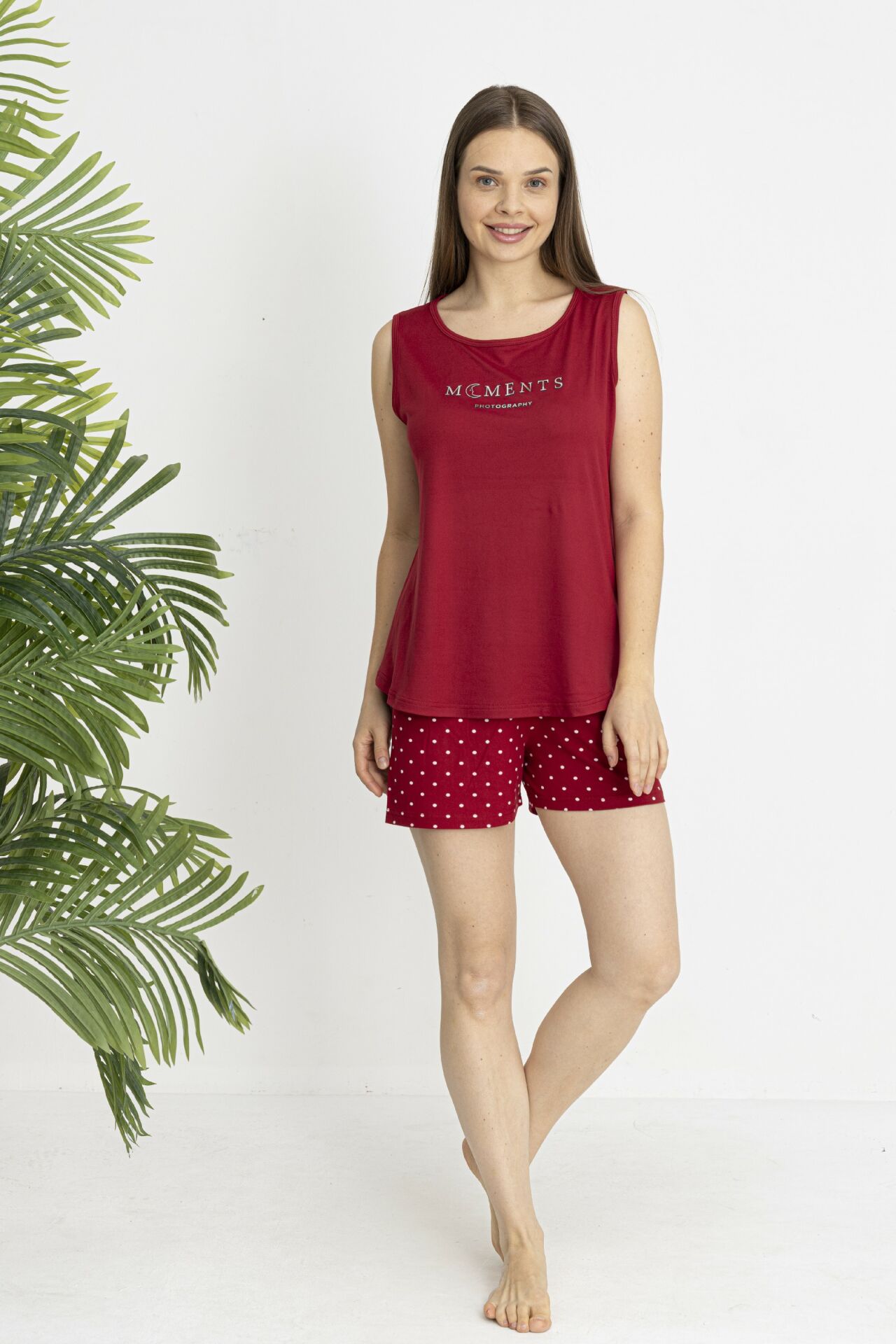 Estiva Kadın Puantiye Alt Desenli Kolsuz Şortlu Soft Pijama Takımı L - Bordo