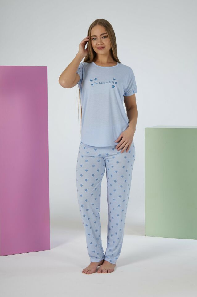 Kadın Yazlık Yıldız Desenli Kısa Kollu Viskon Pijama Takımı M - Mavi