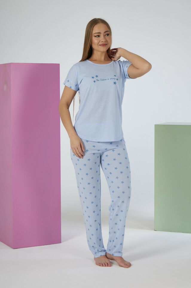 Kadın Yazlık Yıldız Desenli Kısa Kollu Viskon Pijama Takımı M - Mavi