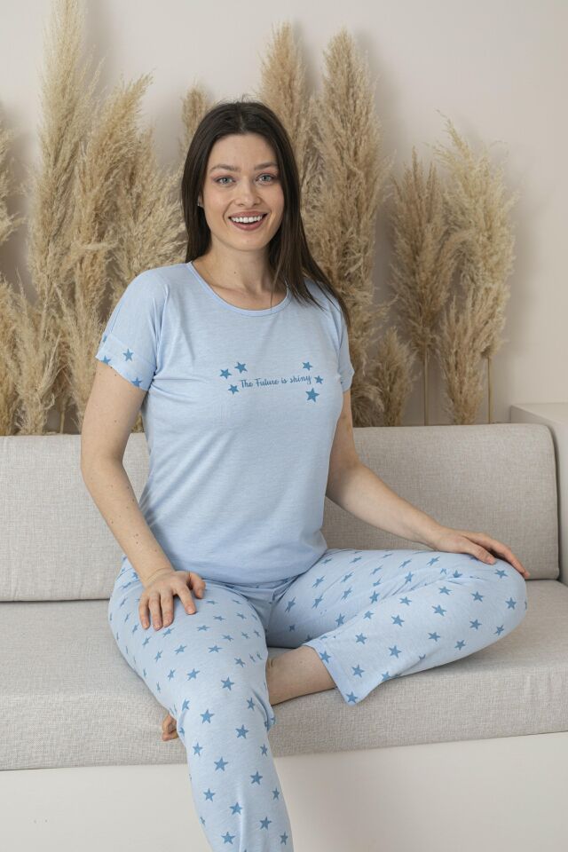 Kadın Yazlık Yıldız Desenli Kısa Kollu Viskon Pijama Takımı L - Mavi