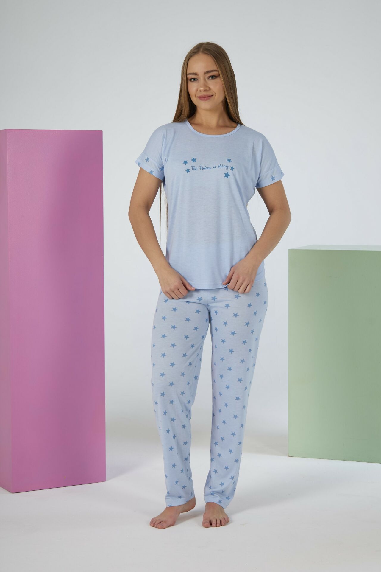 Kadın Yazlık Yıldız Desenli Kısa Kollu Viskon Pijama Takımı XL - Mavi